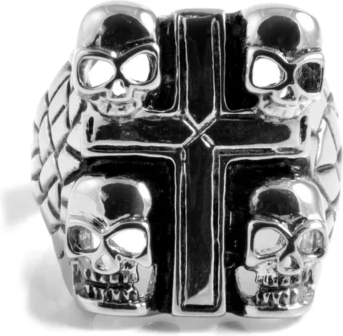 SteelCZ Bague en acier Croix et Têtes de mort