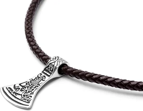 Fort Tempus Collier en cuir marron et rune argentée