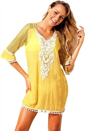 Trgomania Pineapple Crochet Pom Pom Trim Beach Tunic Cover up