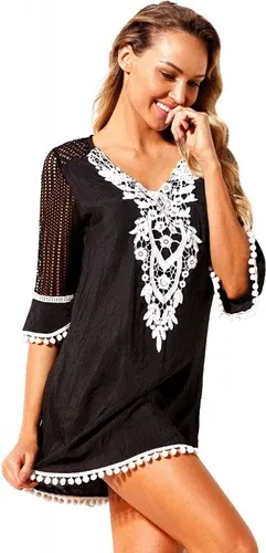 Trgomania Black Crochet Pom Pom Trim Beach Tunic Cover up