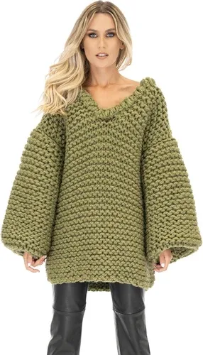 Mums Handmade Oversized V-neck Sweater - Khaki